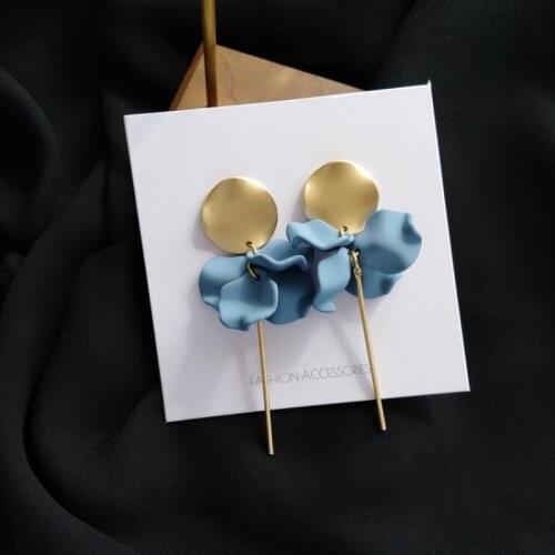 Minar Blue Color Resin Flower Petal Drop Earrings for Women Matte Gold Metal Floral Hanging Dangle Earrings Wedding Jewelry Gift