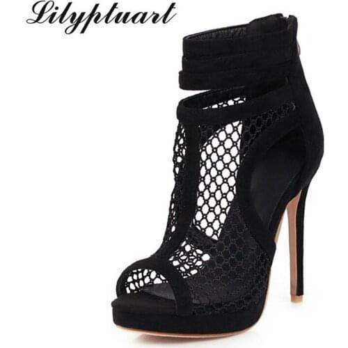 European and American open-toed sandals womens 2021 summer new fine-heeled mesh hole Roman high-heeled cool boots heels women