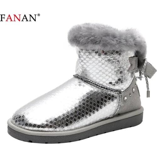 FANAN Women Wool Fur Boots Winter Keep Warm Ankle Snow Boots High Quality Ladies Slip-on Comfortable Waterproof Booties Silvery