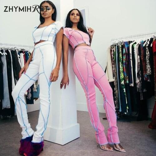 ZHYMIHRET 2020 Summer Square Collar Crop Top And Pants Two Pieces Set Women Striped Patchwork T Shirt Pants Set Streetwear
