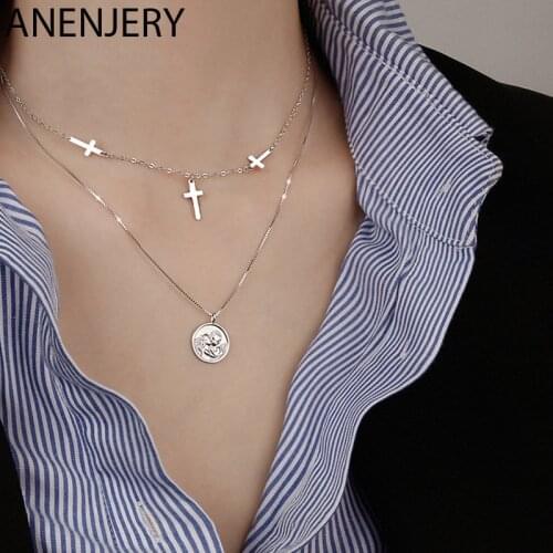ANENJERY 925 Sterling Silver Cross Clavicle Chain Necklace for Women Double Layer Round Angel Necklace Jewelry S-N239