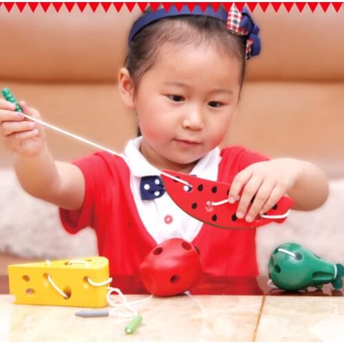 Kid Montessori Materials Wooden Threading Toys Lacing Cheese Fruits Education Learning Toys for Children Kindergarten Funny Game