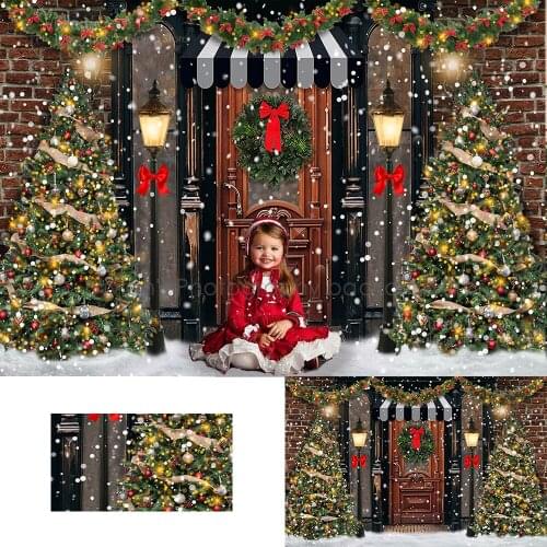 Snowy Door Photography Backdrop Kids Adult Portrait Photocall Wreath Festival Decor Children Family Christmas Trees Photostudio