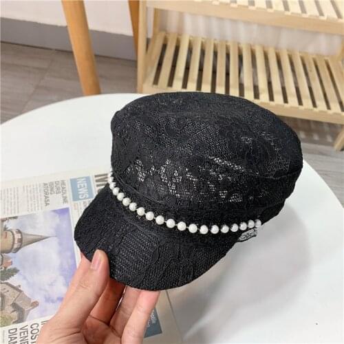 Summer Military Hats For Women Lace Sailor Hats Black White Ladies Beret Caps Sun Visor Pearl Chain Captain Travel Octagonal Hat