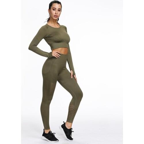 2PCS Hollow Out Seamless Yoga Set Sports Wear For Women Fitness Clothing Yoga Leggings Cropped Long Sleeve Shirt Gym Sport Suit