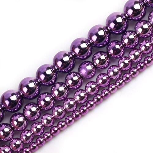 4/6/8/10mm Natural Stone Purple Plated Hematite Round Loose Beads For Jewelry DIY Making Charm Bracelet Accessories 15