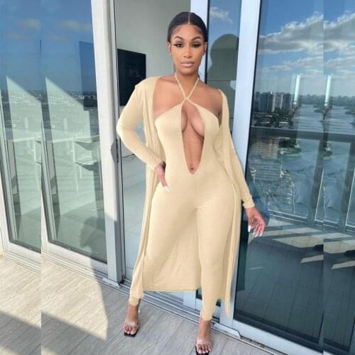 Summer Clothing Two Piece Set Women Sexy Sling Deep V Jumpsuit + Long Sleeve Ribbed Coat Club Outfits Streetwear Wholesale Items