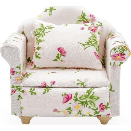Odoria 1:12 Miniature Single Sofa with Cushion Flower Pattern Wooden Furniture Dollhouse Accessories Doll House Decoration