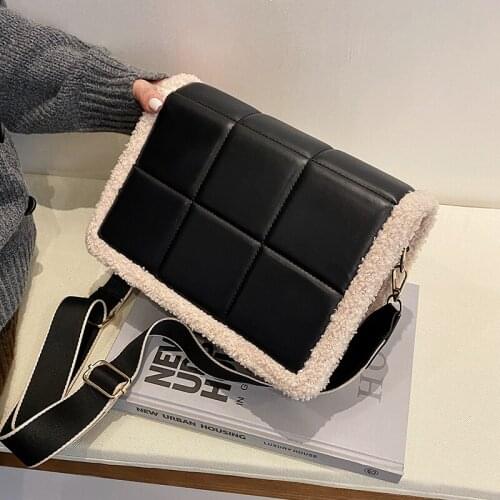 Fashion Lattice Square Plush Crossbody Bags for Women 2021 Lambswool Pu Leather Shoulder Messenger Bag Womens Designer Handbag