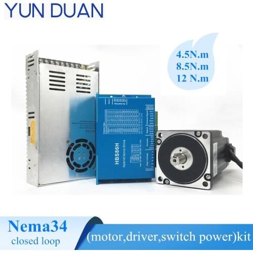 CNC 2 Phase closed loop stepper motor kit 4.5/8.5/12N.m nema 34 motor with driver and power switching kit free shippig