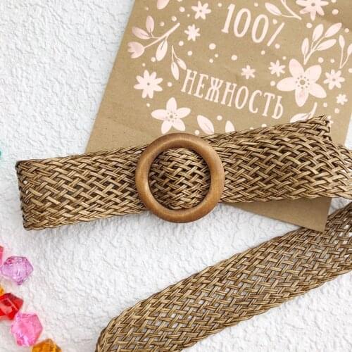 New Summer Ladies Wide Braided Woven Straw Waist Belt with Round Wooden Buckle Belts for Women Dress Cinturon Madera Paja