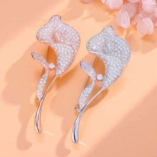 Luxury Tulip Brooches Pins Elegant Cubic Zirconia Wedding Bouquet Pin Crystal Flower Broach Women Brooch Collar Pins Jewelry