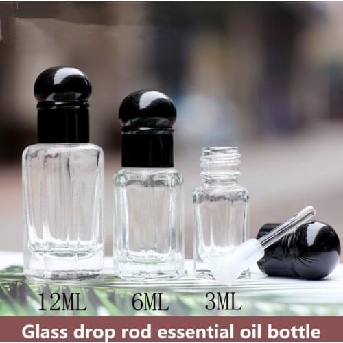 3ML 6ML 12ML Glass Drop Stick Essential Oil Bottle, Round Cap/Flat Top Cap, Gold/Black optional