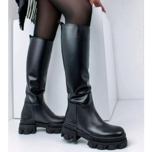 Voces Women Black Leather Long Boot High Sole Comfortable Fit Woolly