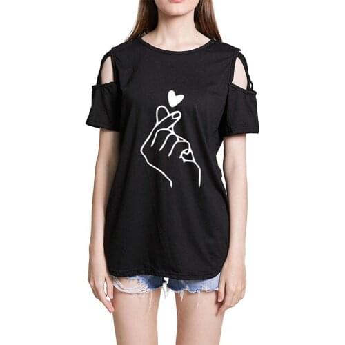 Heart Finger T-shirt Cute Print Off The Shoulder Solid Black Women Loose Casual Solid Crewneck Streetwear Tee 2021 Summer Top