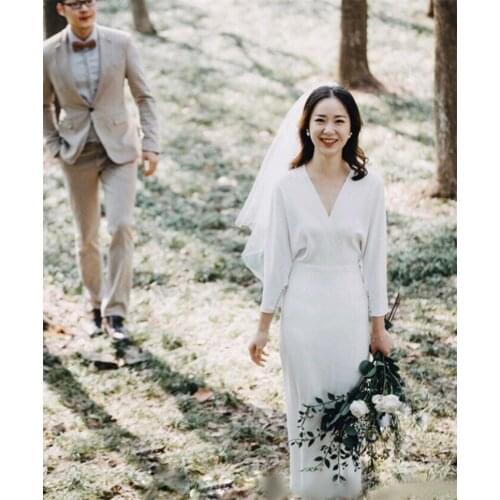 Tea Length Soft Satin A-Line Wedding Dress 2021 Simple Elegant V Neck Half Sleeve Bridal Gowns vestidos de mairee Wedding