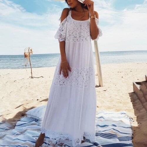 2019 Bohemian lace patchwork maxi dresses women tunic open shoulder sexy white long dress holiday strap summer pareos hot
