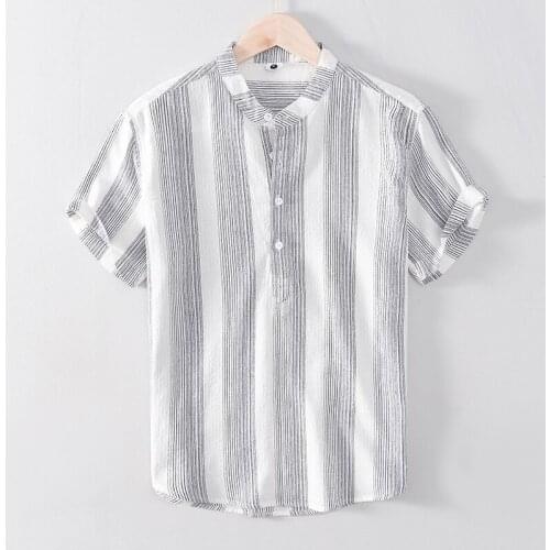 100% Cotton striped stand collar short sleeve shirts men fashion comfortable shirt for men chemise camisa tops mens clothes