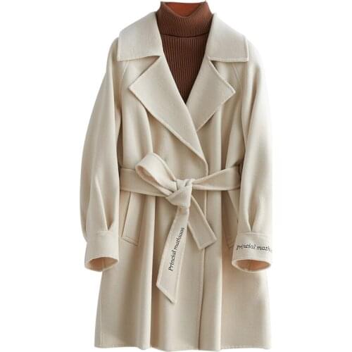 2021 Spring New Temperament Self-cultivation Double-sided Woolen Coat Ladies Mid-length Lace-up Woolen Coat