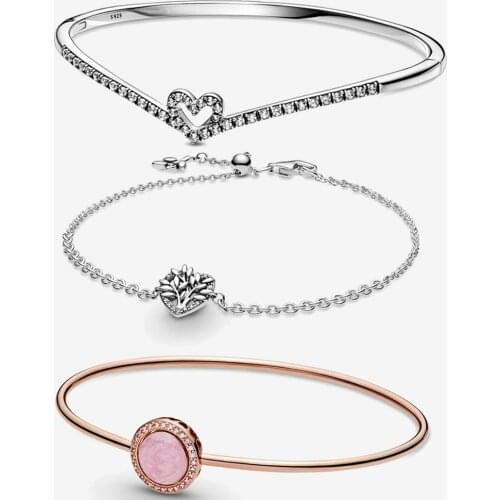 925 Solid Silver Pink Swirl Wishbone Heart Bangle Blue Disc Clasp Snake Chain Heart Family Tree Chain Bracelet Women Jewelry