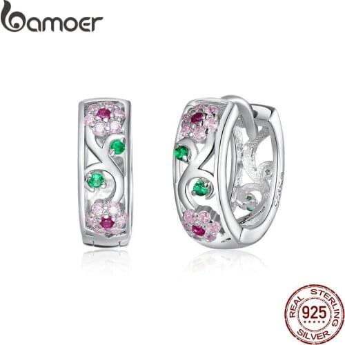 Bamoer Genuine 925 Sterling Silver Spring Flower Hoop Earrings for Women Wedding Engagement Statement Fine Jewelry BSE403
