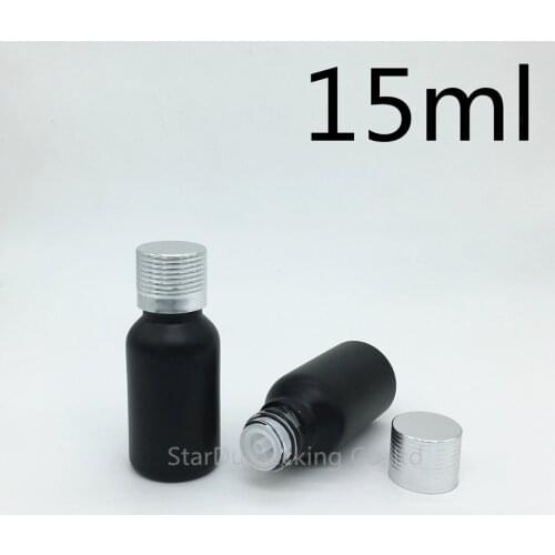 Free Shipping 500pcs 15ML Black Frosted Glass Bottle 15ml Vials Essential Oil Bottle silvery Aluminum screw cover Perfume bottle