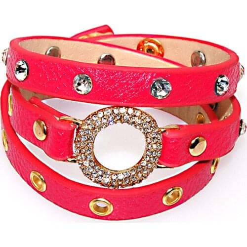 Miasol Double Leather Wrap Bracelets With Micro Pave CZ Disco Round Crystal Metal PU Leather Crystal Charm Bracelets B1313