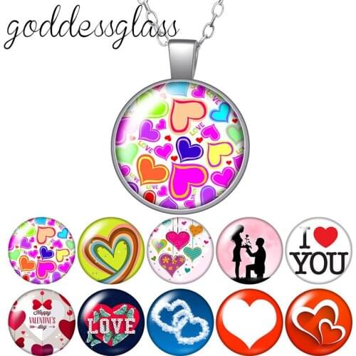 Valentines Day Love hearts Lover Round Glass glass cabochon silver plated/Crystal pendant necklace jewelry for Gift