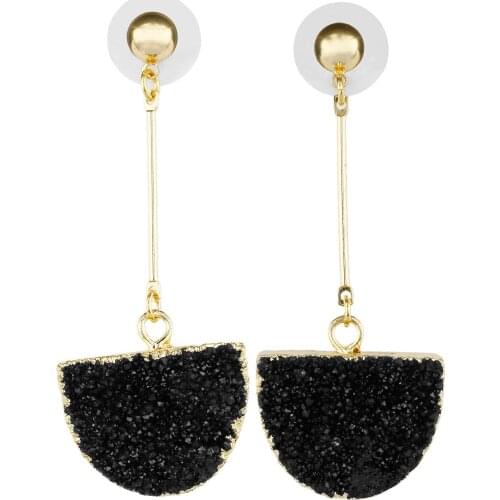 Womens Crystal Geode Druzy Quartz Dangle Earrings Gold Plated, Half Round