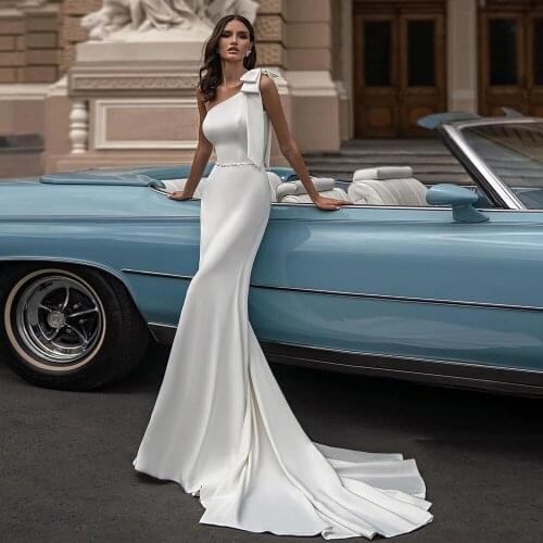 Elegant Prom Dresses Jersey Sashes Pleat Crystal Bows Square Collar One-Shoulder Zipper Button Mermaid Gowns Novia Do 2021 New