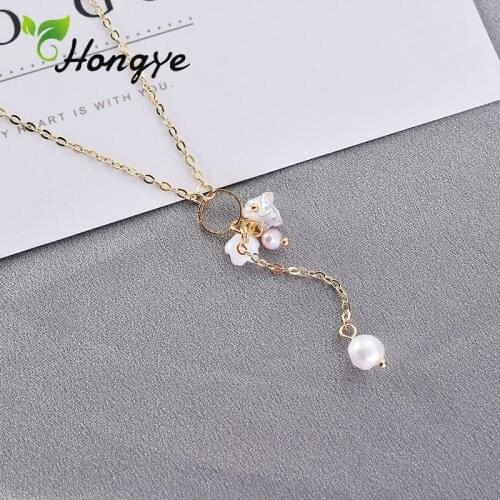 Hongye Freshwater Pearls Necklaces Ladies Beaded Charm Pendant Chain Necklace Gold Tone Fashion Jewelry Neck Accessories Chain