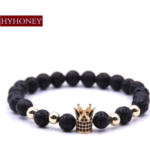 HYHONEY Lava Natural Stone Beads Bracelets & Bangles Micro Pave Zirconia CZ Crown Charm Bracelets Men Jewelry Gifts pulseras