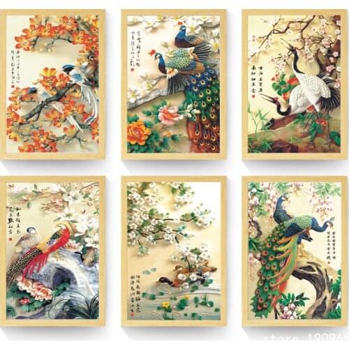 No frame Chinese style peacock cranes birds canvas printings oil painting printed on cotton home wall art decoration picture