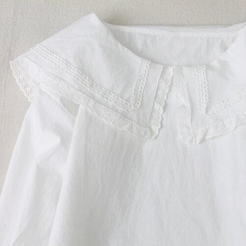 Lamtrip Japanese Girl Kawaii Japanese Style Lace Stitch Wide Peter Pan Collar Long Sleeve Cotton Shirt Blouse