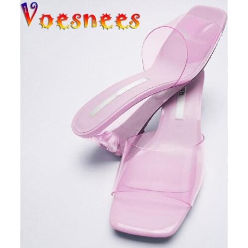 Summer Rose Red Transparent Fairy Slippers Comfortable Peep Toe Wedges Sandals High Heel Square Toe Sweet Princess Women Shoes