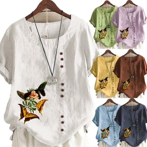 Summer Casual Butterfly Print Loose T-shirt Retro Cotton and Linen O-neck Plus Size Short-sleeved Womens Top S-5XL