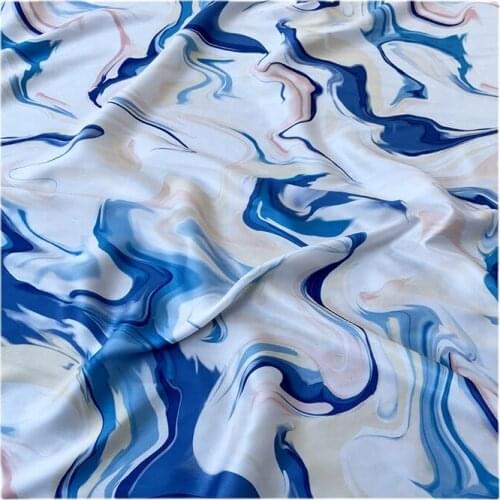 Width 59" Printed Matte Oil Painting Wave Blue Imitation Acetate Chiffon Fabric By The Half Yard For Dress Shirt Material