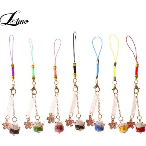 Cute Maneki Neko Smart Phone Strap Lanyards Phone Samsung Decoration Daisy Sakura Cat Bell Mobile Rope Key Chains Couple Gift