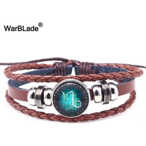 WarBLade Fashion 12 Constellations Leather Bracelets & Bangles Brown Zodiac Sign Wristband Men Women Jewelry Accessories Gifts