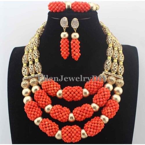 Fashion nigerian wedding beads Bridal Jewelry Sets Orange african Coral Beads Jewelry Sets Necklace African Accessory W13732