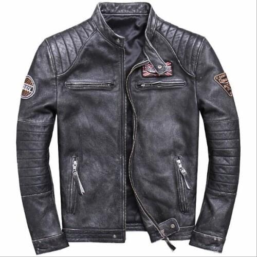 2018 Mens Vintage Black Motorcycle Genuine Leather Jacket Slim Fit Real Thick Cowhide Male Short Leather Biker Coats M-6XL