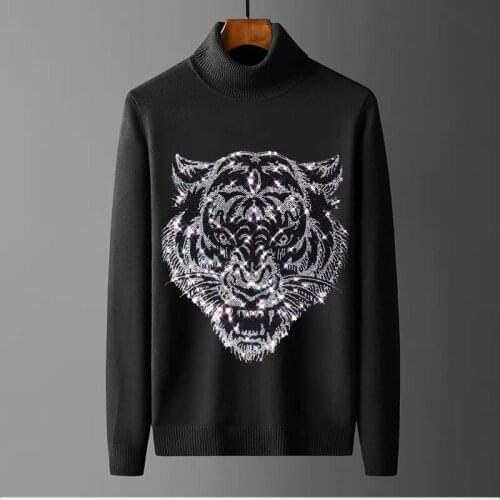 Turtleneck Mens Sweater Thick Cashmere 100% Cotton Winter Hot Drilling Animal Oversize Pullover Hip-Hop Design
