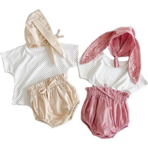 New Summer baby Cotton Jumpsuit Baby Girl Jumpsuit Short Sleeve Dot Clothes pants Rabbit ear cap Three-piece childrens Jumpsuit