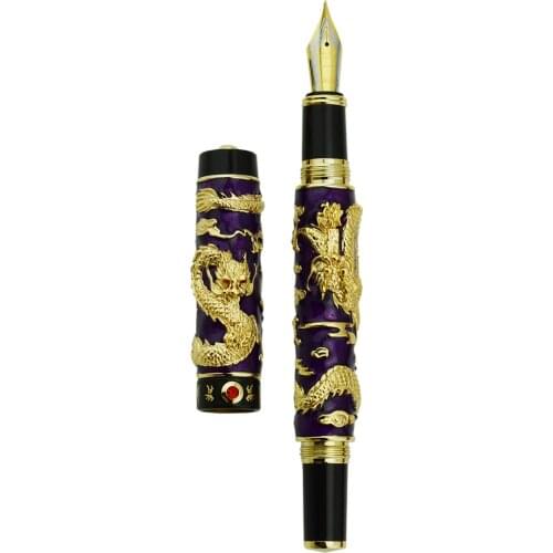 Jinhao Purple Cloisonne Double Dragon Fountain Pen Iridium Medium Nib Advanced Craft Writing Gift Pen for Business, Graduate