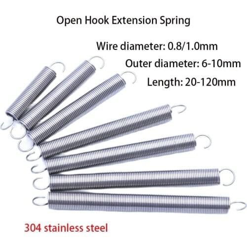 S Hook 304 Stainless Steel Tension Spring Extension Coil Spring Pullback Spring Wire Diameter0.8/1.0mm Outer Diameter 6-10m