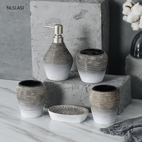 Five Piece Set Retro Ceramic Home Bathroom Accessories Emulsion Bottle Wash Gargle Cup Toothbrush Suit Soap Dish Ornaments
