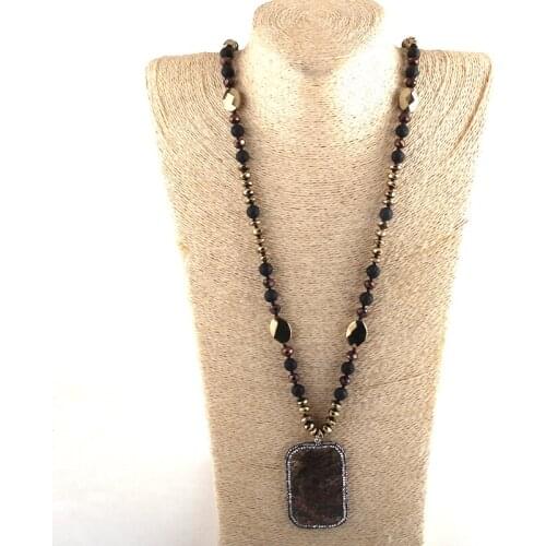 MD Fashion Beaded Jewelry Natural Stones Long Knotted Paved Rhinestone Semi Precious Rectangle Stone Pendant Necklaces For Women