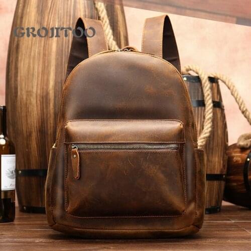 GROJITOO mens backpack Genuine Leather Backpack crazy horse skin high capacity Travel Backpack cowhide bag for men