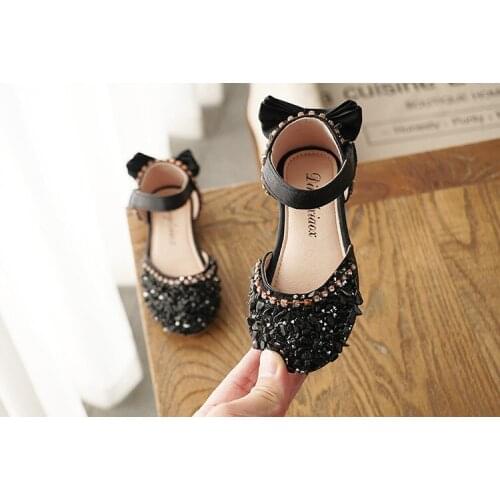 Fashion Grils Leather Black Shoes Casual Girls Autumn Spring Kids Pu Summer Shoes Childrens Pink Rhinestone soft sole sandals