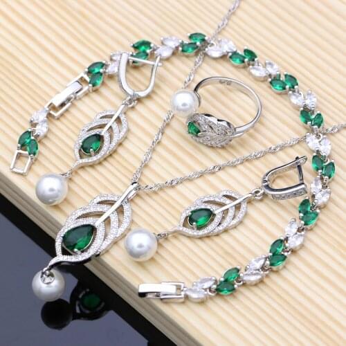Silver 925 Bridal Pearls Jewelry Sets Natural Green Zircon Women Wedding Earrings Adjustable Ring Bracelets Necklace Set
